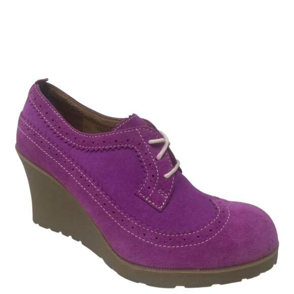 Dr. Martens Sita Purple Blackcurrant Suede Leather Wingtip Brogue Wedge Heels 8 - Picture 1 of 15